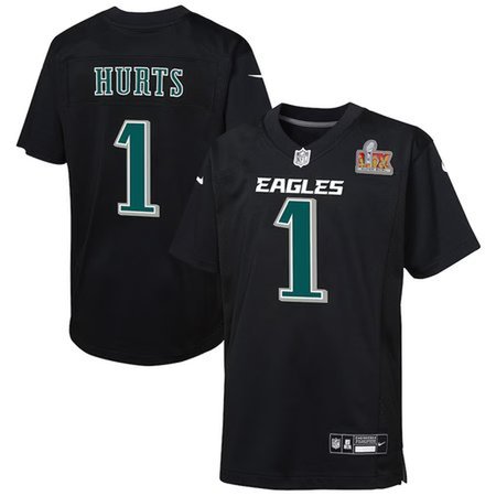 Youth Philadelphia Eagles Jalen Hurts Carbon Black Super Bowl LIX Patch Fashion Game Player Jersey